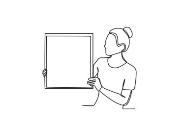 Bir kadın sunum tahtasını gösteriyor. Sunum tek satırlık çizim