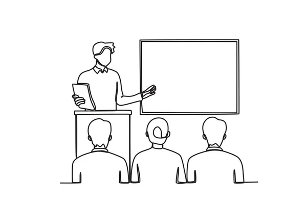 Učitel Prezentující Před Studenty Jednořádkový Výkres Prezentace — Stockový vektor