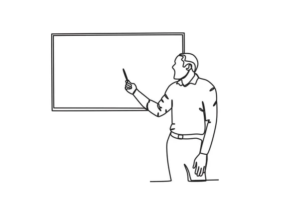 Manlig Lärare Visar Resultaten Sin Rapport Presentation Enlinjesskiss — Stock vektor