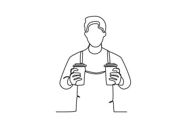 Бариста Двумя Чашками Кофе Однолинейный Рисунок Международный День Кофе — стоковый вектор