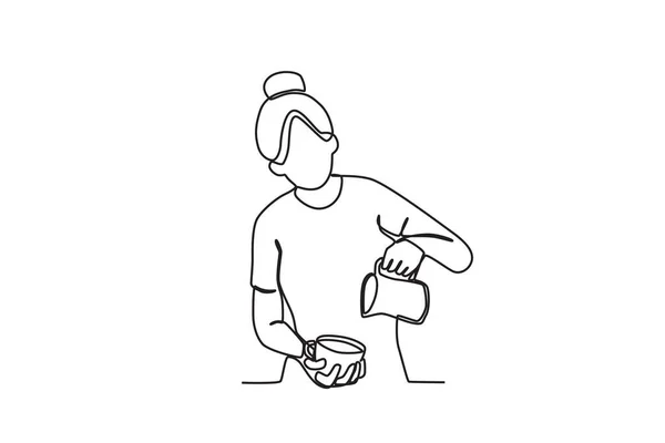 Женщина Которая Варит Кофе Однолинейный Рисунок Международный День Кофе — стоковый вектор