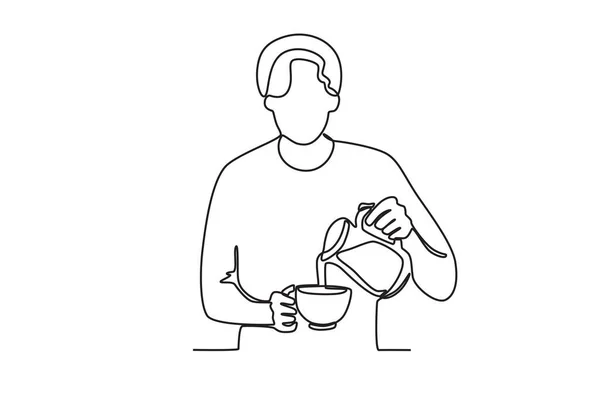 Мужчина Делает Чашку Кофе Однолинейный Рисунок Международный День Кофе — стоковый вектор