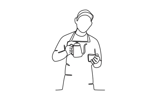 Мужчина Держащий Чашку Кофе Чайник Однолинейный Рисунок Международный День Кофе — стоковый вектор