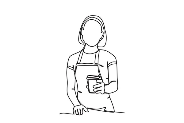 Женщина Бариста Подала Чашку Кофе Однолинейный Рисунок Международный День Кофе — стоковый вектор
