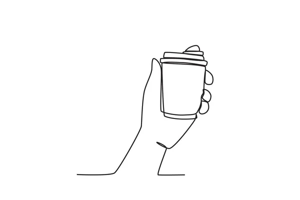 Рука Тримає Склянку Гарячої Кави Міжнародний День Кави Однорядковий Малюнок — стоковий вектор