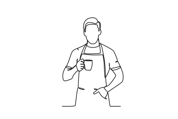 Мужчина Гордится Делает Кофе Однолинейный Рисунок Международный День Кофе — стоковый вектор