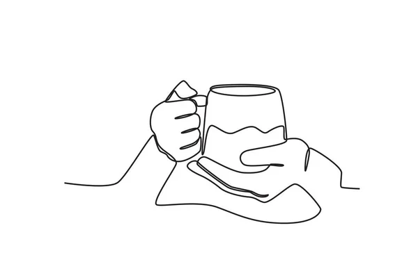 Держащий Чашку Капучино Однолинейный Рисунок Международный День Кофе — стоковый вектор