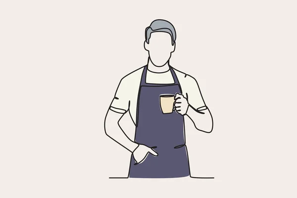 Kolorowa Ilustracja Mężczyzny Trzymającego Filiżankę Kawy Międzynarodowy Dzień Kawy Jednoliniowy — Wektor stockowy