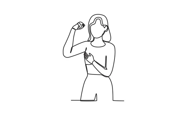 女性は彼女の拳をかき混ぜながら胸を抱えています 乳がん認知月間 1行の図面 — ストックベクタ