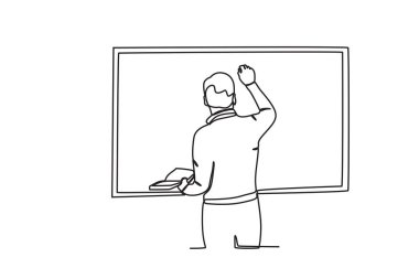 Sınıfta öğretmenlik yapan bir öğretmenin arka görüntüsü. Dünya öğretmeni günü tek satırlık çizim