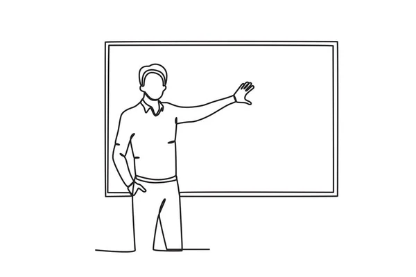 一位老师在黑板上解释了一节课 世界教师日单线绘图 — 图库矢量图片
