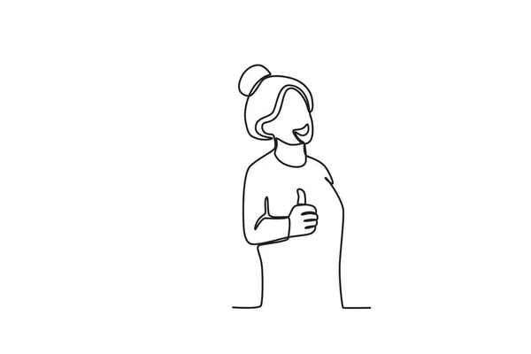 一个女人笑着竖起大拇指 世界微笑日单线绘图 — 图库矢量图片