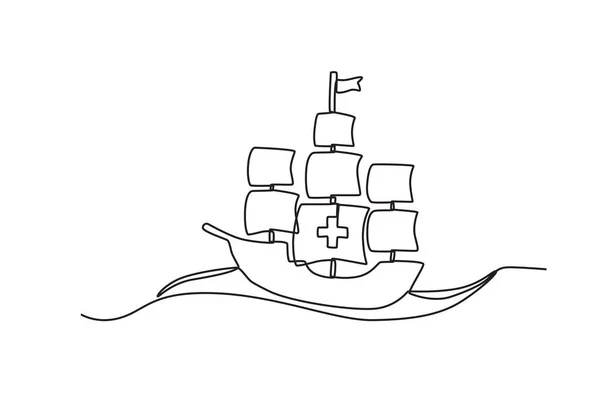 Ένα Πλοίο Διασχίζει Τον Ωκεανό Colombus Ημέρα Μία Γραμμή Σχεδίασης — Διανυσματικό Αρχείο