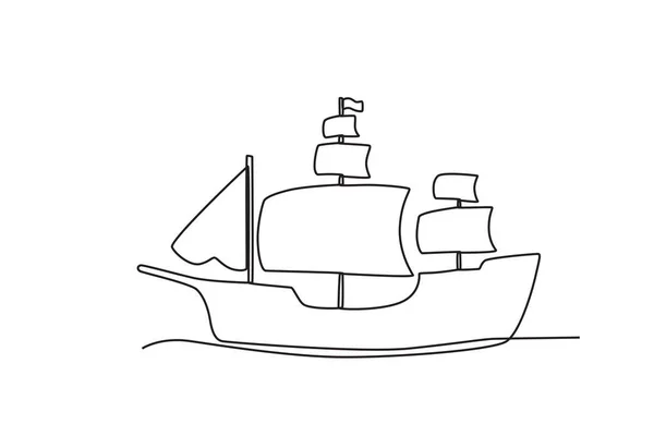 Yelkenli Bir Geminin Yan Görüntüsü Colombus Günü Tek Satırlık Çizim — Stok Vektör
