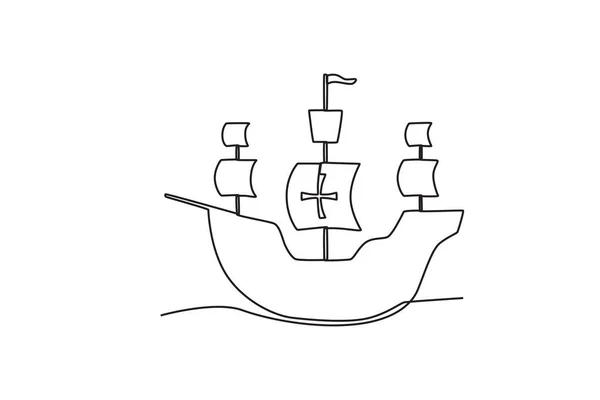 Barco Moderno Navega Océano Colón Día Una Línea Dibujo — Vector de stock