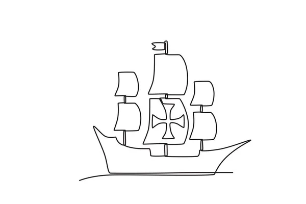 Una Nave Con Molte Vele Colombus Giorno Disegno Una Riga — Vettoriale Stock