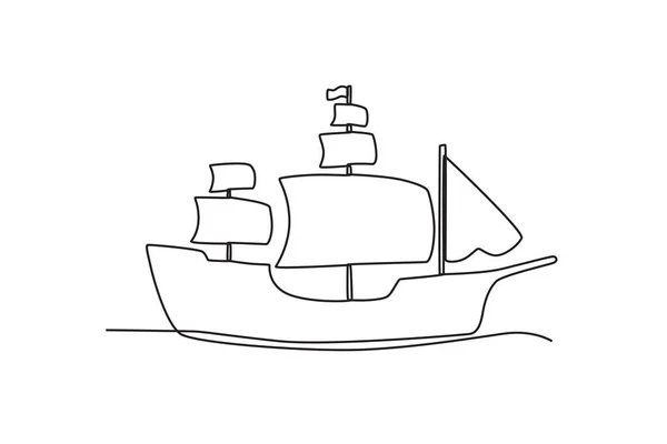在海上航行的船的侧视图 哥伦比亚巴士日单线绘图 — 图库矢量图片