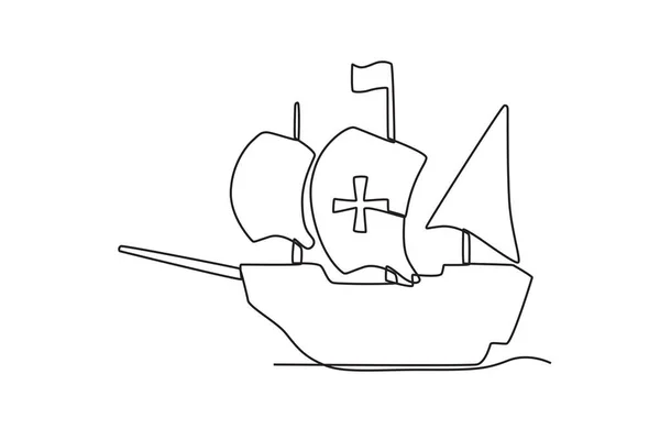 Ein Kleines Schiff Segelt Kolumbus Tag Einzeiler — Stockvektor