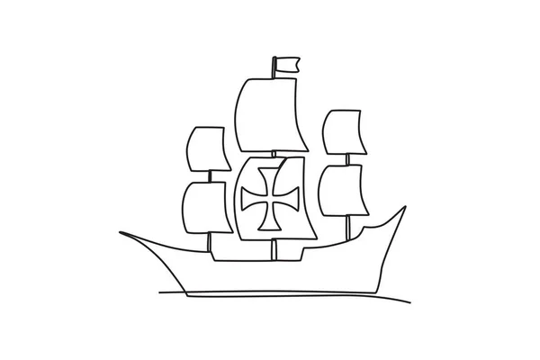 Statek Badający Ocean Kolumb Dzień Jednoliniowy Rysunek — Wektor stockowy