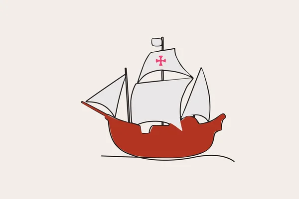 Χρωματική Απεικόνιση Ενός Ιστιοφόρου Πλοίου Colombus Ημέρα Μία Γραμμή Σχεδίασης — Διανυσματικό Αρχείο