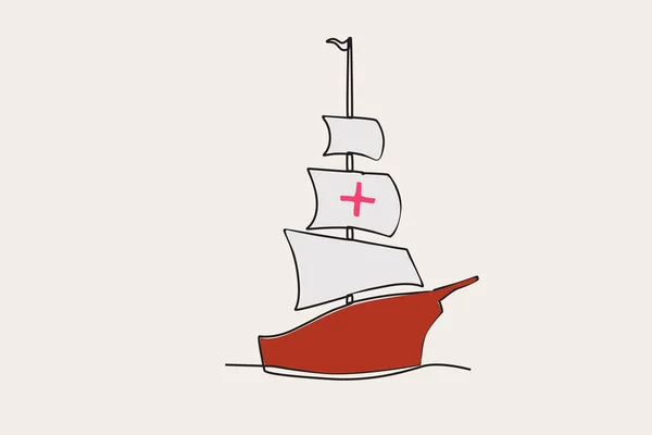 Χρωματική Απεικόνιση Της Εμπρόσθιας Όψης Ενός Ιστιοφόρου Πλοίου Colombus Ημέρα — Διανυσματικό Αρχείο
