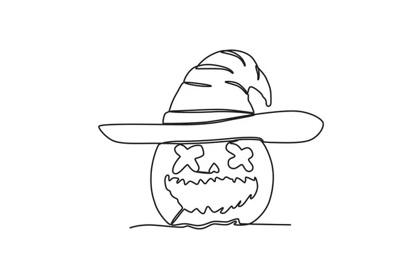 Sebuah Labu Tertawa Mengenakan Topi Gambar Satu Baris Halloween - Stok Vektor