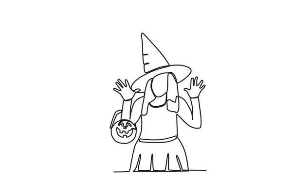 Kobieta Kostiumie Torbie Dynią Halloween Rysunek Jednowierszowy — Wektor stockowy