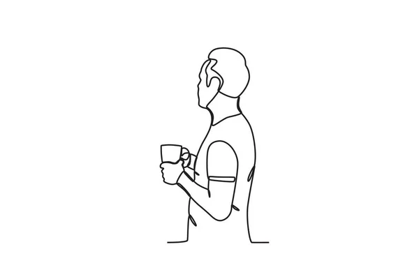 Мужчина Пьет Кофе Однострочный Рисунок Утренних Мероприятий — стоковый вектор