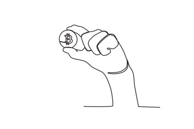 Bir Bitcoin iki parmakla tutulur. Bitcoin tek satırlık çizim