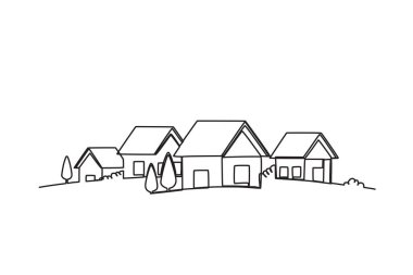 Etrafında ağaçlar olan bir köy. Köy tek satır çizimi
