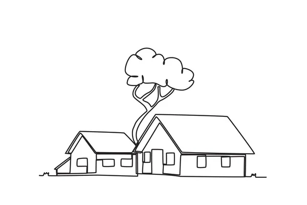 Two Houses Tree Middle Village One Line Drawing — Stock Vector