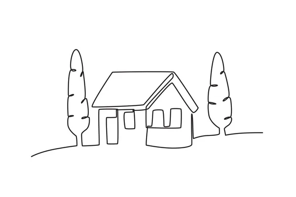 Una Casa Con Dos Árboles Pueblo Dibujo Una Línea — Archivo Imágenes Vectoriales
