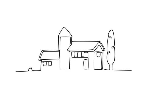 Ein Haus Und Bäume Dorfeinseitenzeichnung — Stockvektor