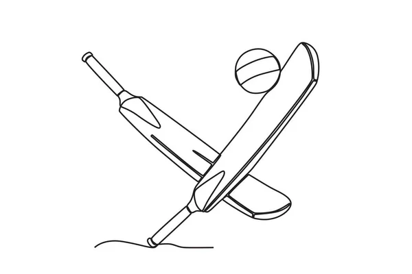 2つのコウモリとクリケットボールのイラスト クリケットワンライン図面 — ストックベクタ