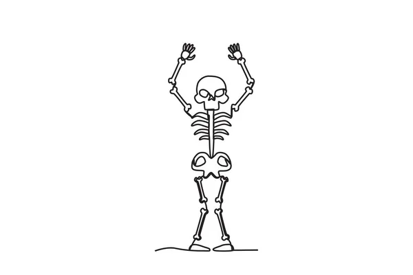 Скелет Поднял Обе Руки Вверх Однолинейный Рисунок Скелета Человека — стоковый вектор