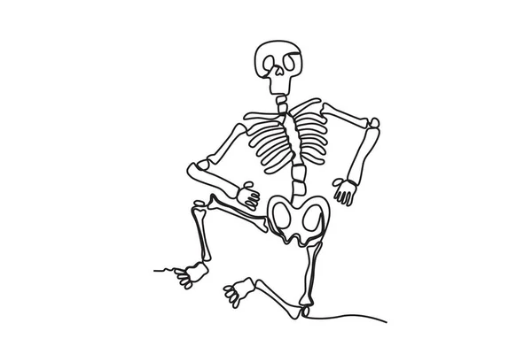 Ett Sittande Skelett Med Böjda Ben Enlinjesritning Mänskligt Skelett — Stock vektor
