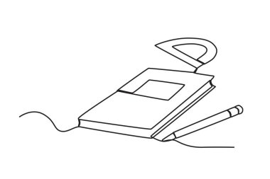 Bir kitap, fiyonk ve kalem. Okul ekipmanları tek satırlık çizim