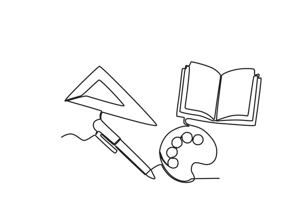 Линейка Ручка Палитра Книга Однолинейный Рисунок Школьного Оборудования — стоковый вектор