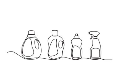 Geniş çaplı deterjan ve sprey. Temizlik malzemeleri tek satırlık çizim