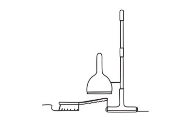 Zemin ve fırça temizleme ekipmanları. Temizlik malzemeleri tek satırlık çizim