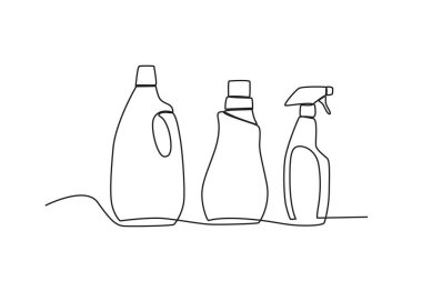 İki deterjan ve bir temizlik spreyi. Temizlik malzemeleri tek satırlık çizim