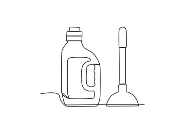 Deterjan ve yer temizleyicisi. Temizlik malzemeleri tek satırlık çizim