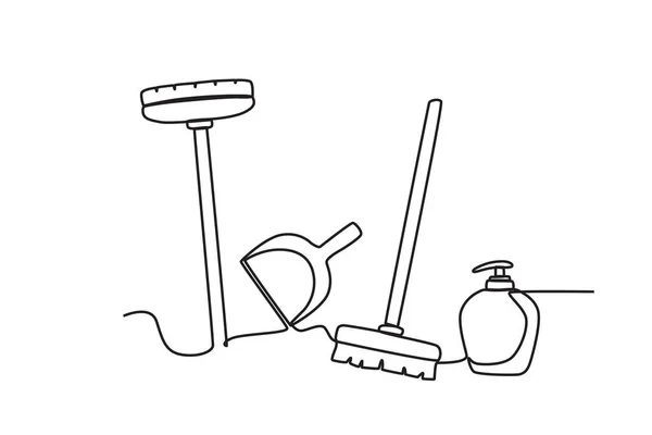 Набор Инструментов Чистки Очистка Поставляет Однолинейный Чертеж — стоковый вектор