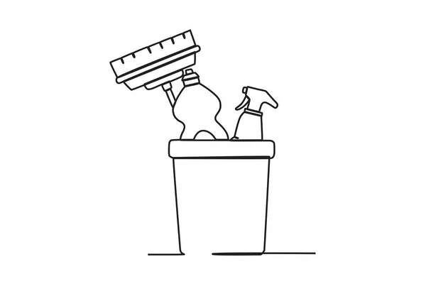 Bir Deterjan Kovadaki Süpürge Temizlik Malzemeleri Tek Satırlık Çizim — Stok Vektör