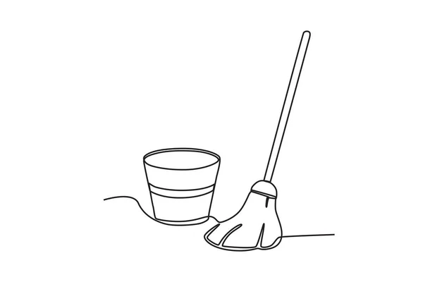 Ein Eimer Und Ein Bodenwischer Reinigung Liefert Einzeilige Zeichnung — Stockvektor