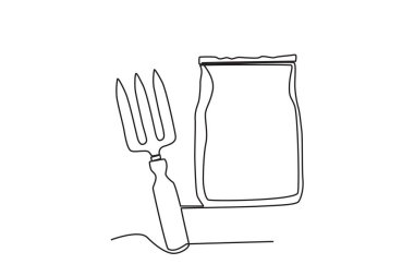 Bir dirgen ve bir çuval gübre. Çiftlik araçları tek satırlık çizim