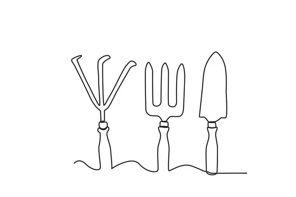 Hand Cultivator Spade Ground Fork Farm Tools One Line Drawing — Stock Vector