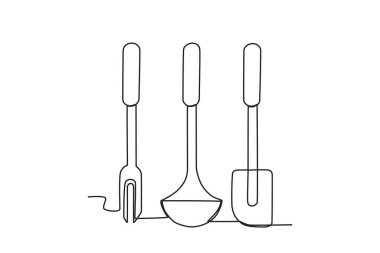 Bir dizi mutfak gereçleri. Aşçılık ve mutfak araçları tek satırlık çizim