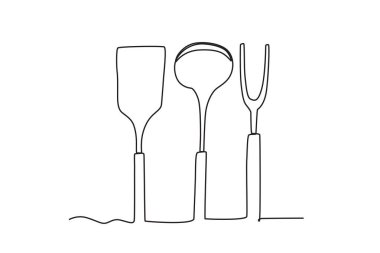 Bir dizi mutfak gereçleri. Aşçılık ve mutfak araçları tek satırlık çizim