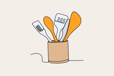 Bir dizi mutfak gereçleri. Aşçılık ve mutfak araçları tek satırlık çizim